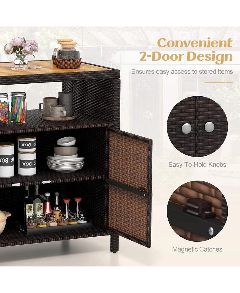 Gouun Rattan Storage Cabinet with Acacia Wood Countertop for Poolside Deck and Patio
