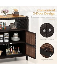Gouun Rattan Storage Cabinet with Acacia Wood Countertop for Poolside Deck and Patio