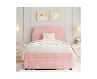 gaomon Twin Upholstered Smart Led Bed Frame with Adjustable Bear Headboard, Storage Drawer, Velvet Princess Platform Bed Frame for Kids/Girls, Wooden