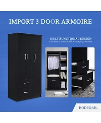 Hodedah Import 3 Door Armoire with Clothing Rod, Shelves, and 2 Drawers, Black