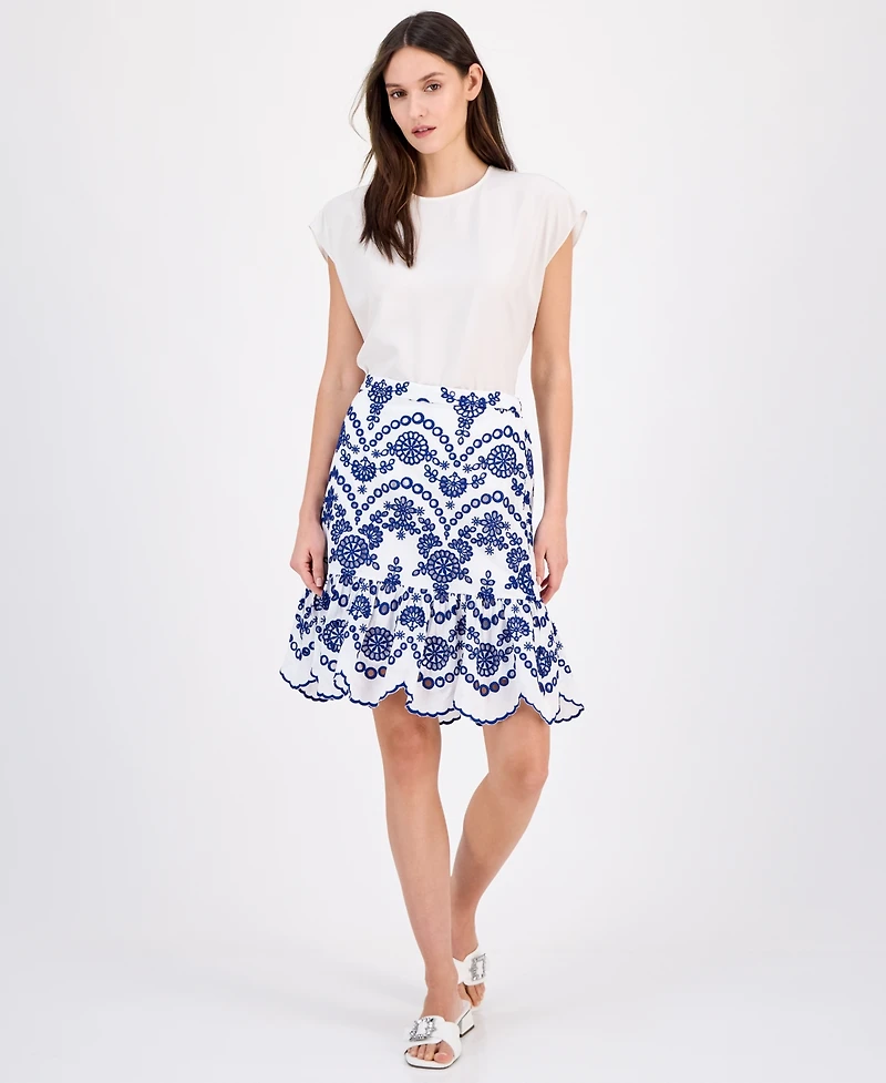 Anne Klein Women's Cotton Eyelet Scallop-Hem Skirt