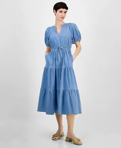 Anne Klein Women's Split-Neck Puff-Sleeve Denim Midi Dress