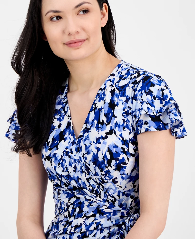 Anne Klein Women's Faux-Wrap Flutter-Sleeve Print Dress