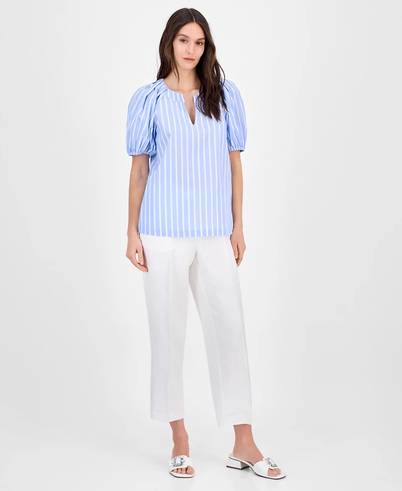 Anne Klein Women's Cotton Poplin Striped Puff-Sleeve Blouse
