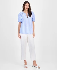 Anne Klein Women's Cotton Poplin Striped Puff-Sleeve Blouse