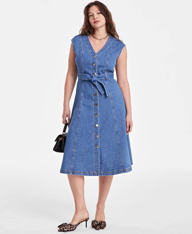 On 34th Women's Sleeveless Belted Denim Midi Dress, Exclusively at Macy's