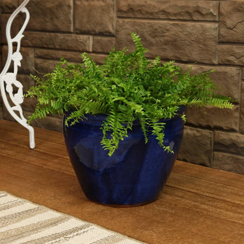 Large Ceramic Planter - Indoor or Outdoor Plant Pot with Drainage Holes - Imperial Blue Glaze Finish - 15