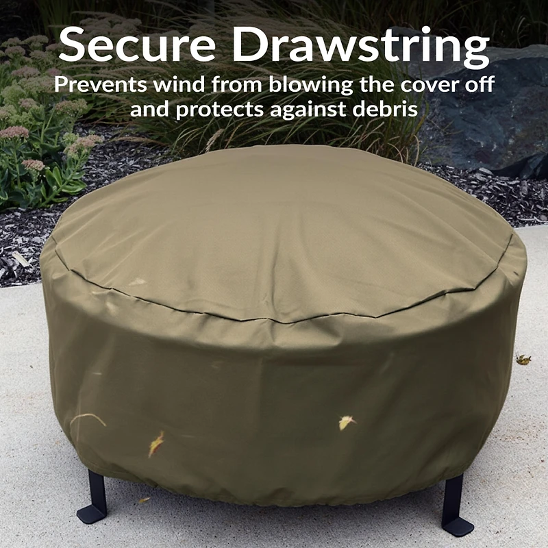 Round Outdoor Fire Pit Cover - Heavy-Duty 300D Polyester and Pvc with Drawstring Closure - Khaki