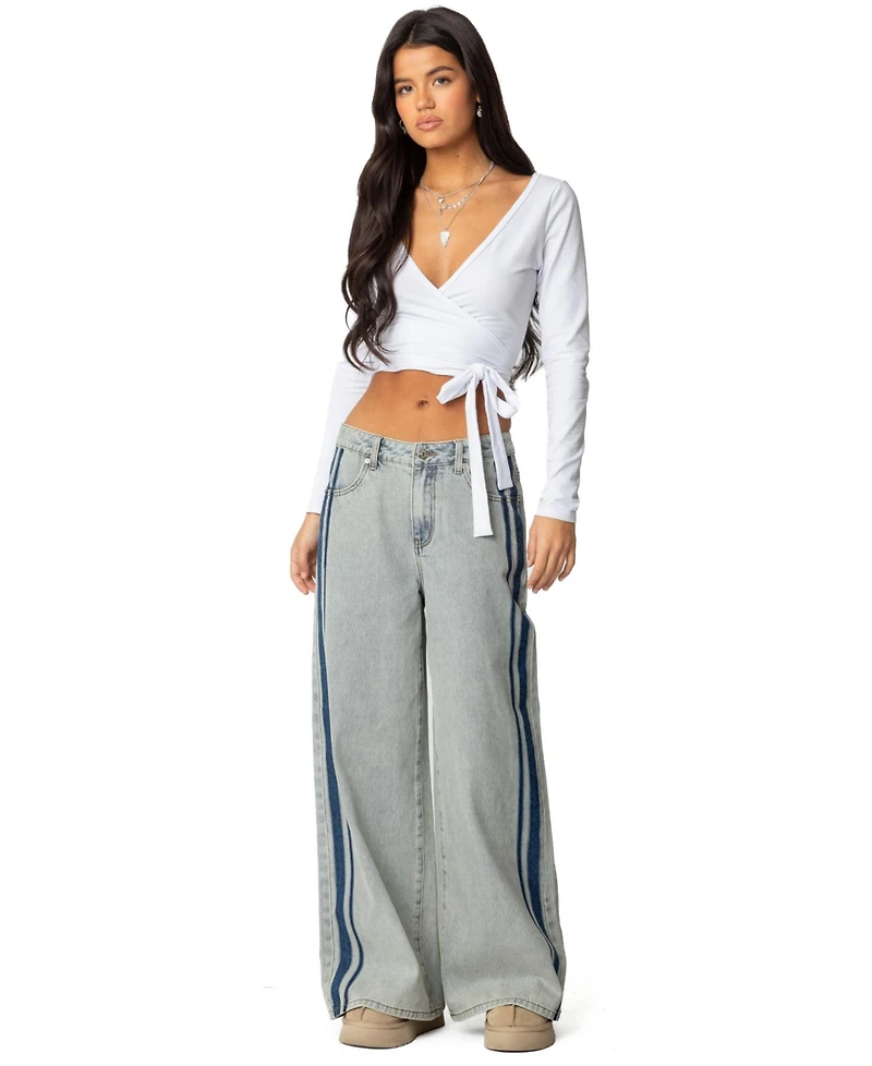 Edikted Womens Side Stripe Washed Low Rise Jeans