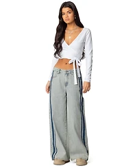 Edikted Womens Side Stripe Washed Low Rise Jeans