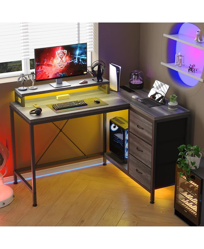 gaomon L Shaped Desk with Power Outlets & Led Lights