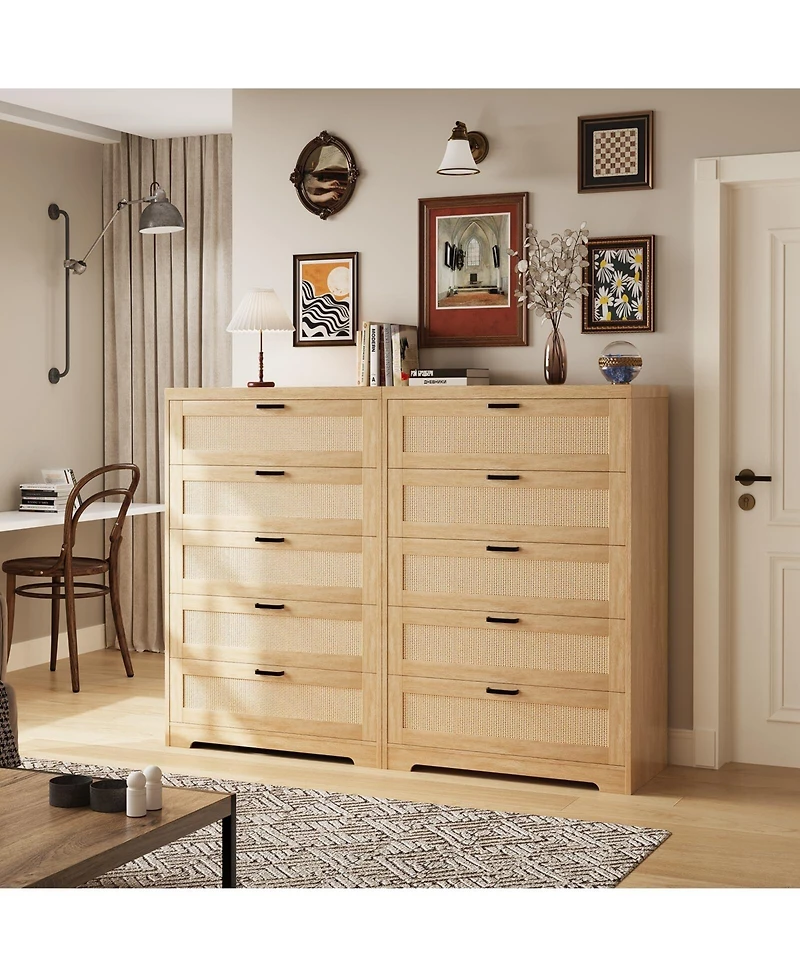 5 Drawer Rattan Dresser for Bedroom, 47.27” Tall Dresser with Power Outlets, Wood Dresser Chest of Drawers with Metal Handles for Living Room C