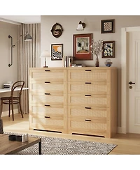 5 Drawer Rattan Dresser for Bedroom, 47.27” Tall Dresser with Power Outlets, Wood Dresser Chest of Drawers with Metal Handles for Living Room C