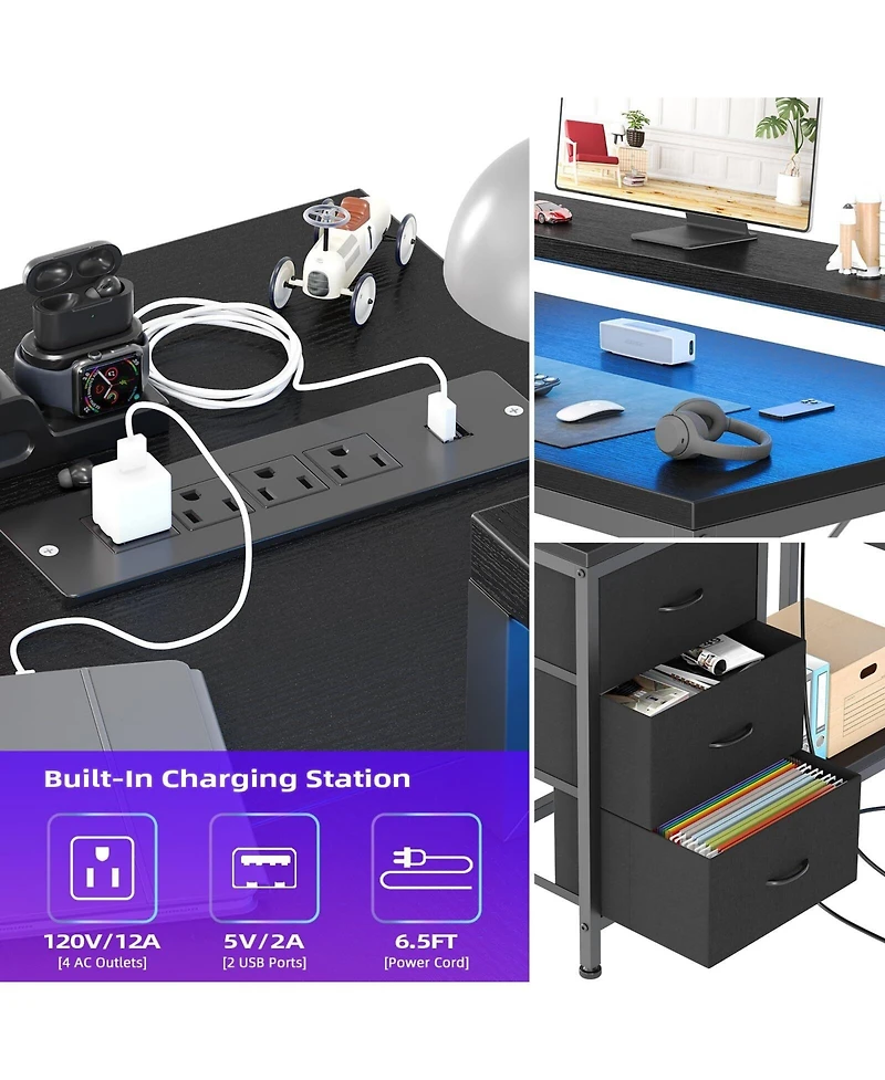 L Shaped Desk with Power Outlets & Led Lights