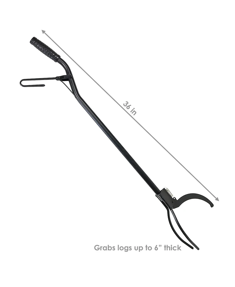 Indoor/Outdoor Fireplace or Fire Pit Heavy-Duty Steel Spring Lever Firewood Log Grabber Tool - 36" - Black