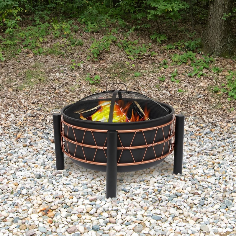Steel Fire Pit with Bronze Trapezoid Pattern and Pvc Cover - 24.5" Round - Black