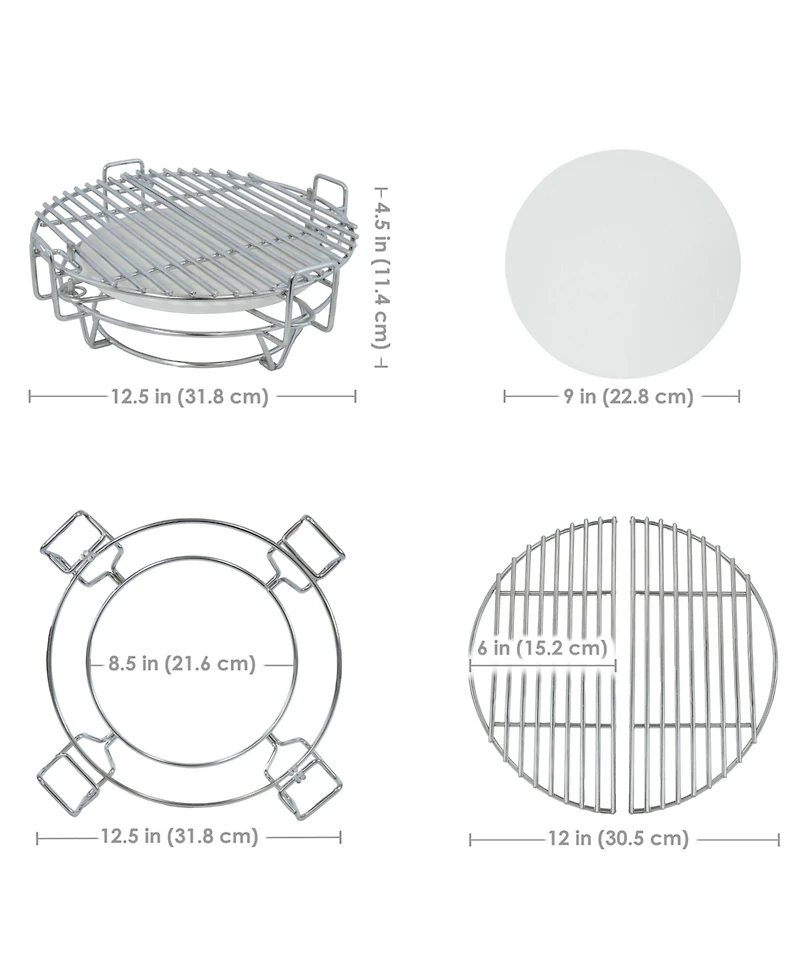 Half Moon Cooking Grate with Ceramic Deflector Plate for 15" Kamado Egg Grills - 12.5"