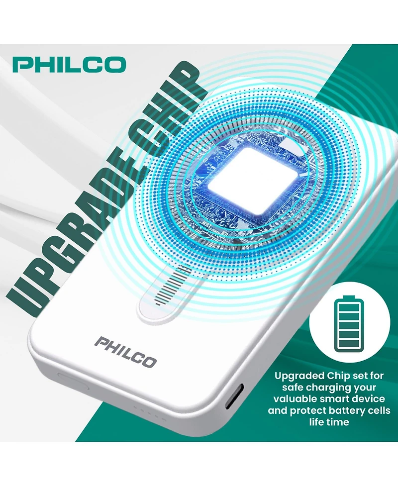 Philco Magsafe Power Bank 6000mAh, Portable Wireless Charger with MagSafe , Usb-c, Leather Holder for iPhone 12/13/14/15
