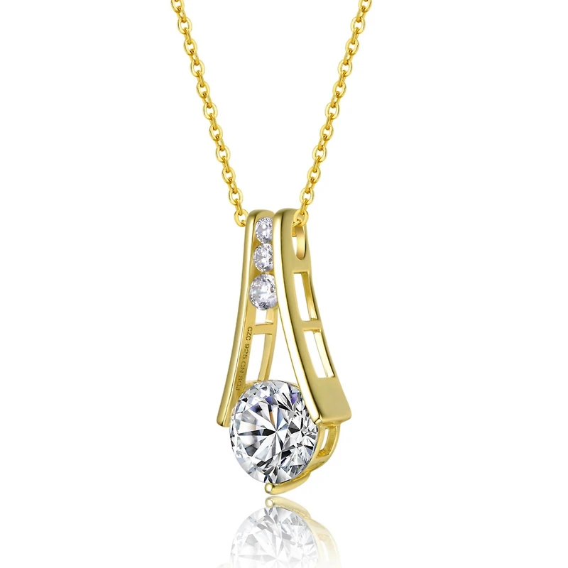 Genevive Sterling Silver 14K Gold Plated and Clear Cubic Zirconia Round Spring Ring Pendant Necklace