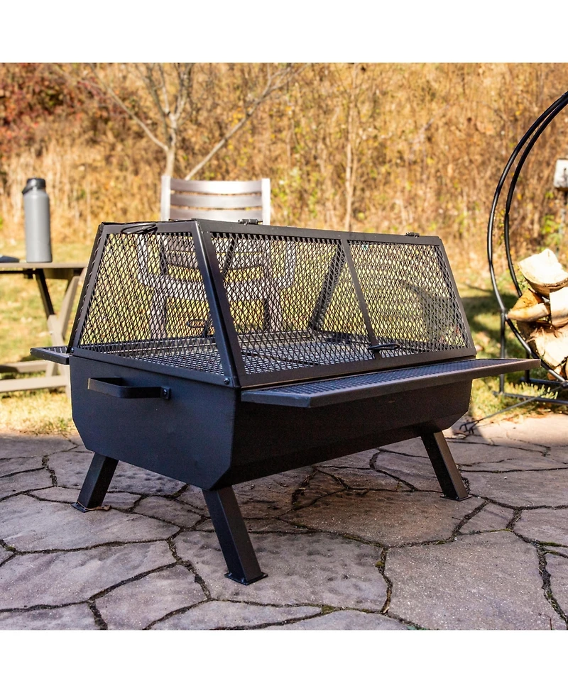 Steel Grilling Fire Pit with Mesh Spark Screen and Protective Pvc Cover - Black - 36." W x 32.5" D x 23.75" H