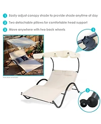 Outdoor Double Chaise Lounge with Canopy Shade and Headrest Pillows, Beige