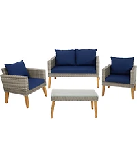 Outdoor Rattan and Acacia Wood Clifdon Patio Furniture Set with Loveseat, Chairs, Table, and Seat Cushions - Navy Blue - 4pc