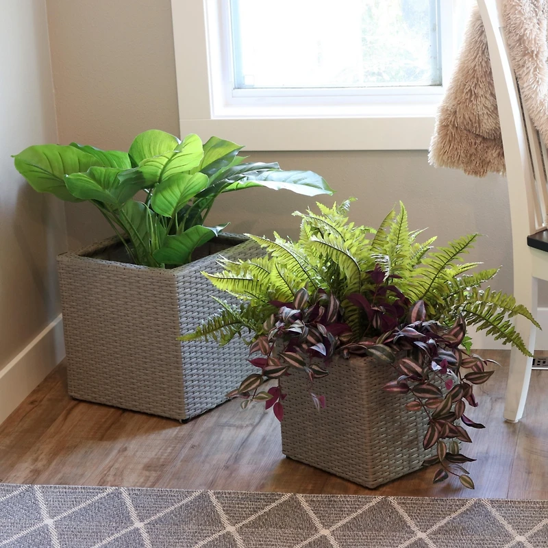 Square Indoor Polyrattan Planters with Attached Clear Polypropylene Liner 14" Square x 11" H and 14" Square x 11" H