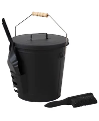 Steel Fireplace Ash Bucket with Lid, Shovel and Brush