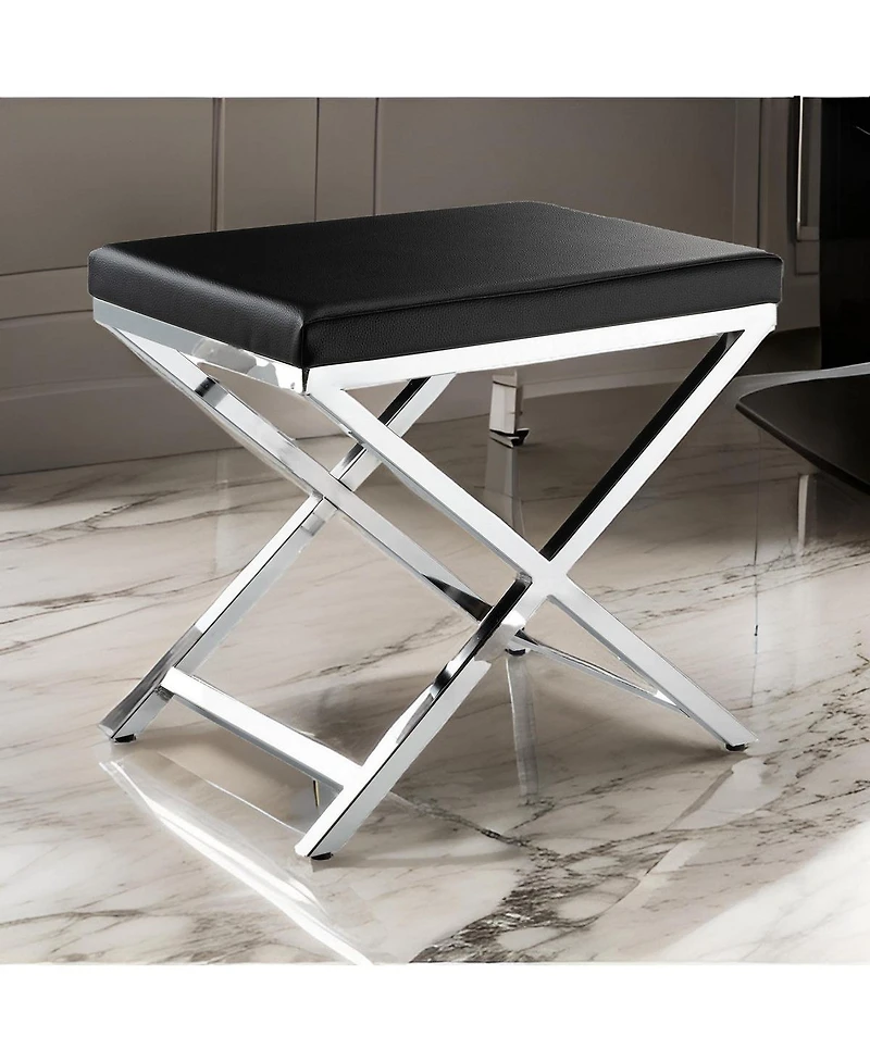 Slickblue Accent Stool with Faux Leather Seat and Chrome-Finished Cross Legs for Modern Elegance