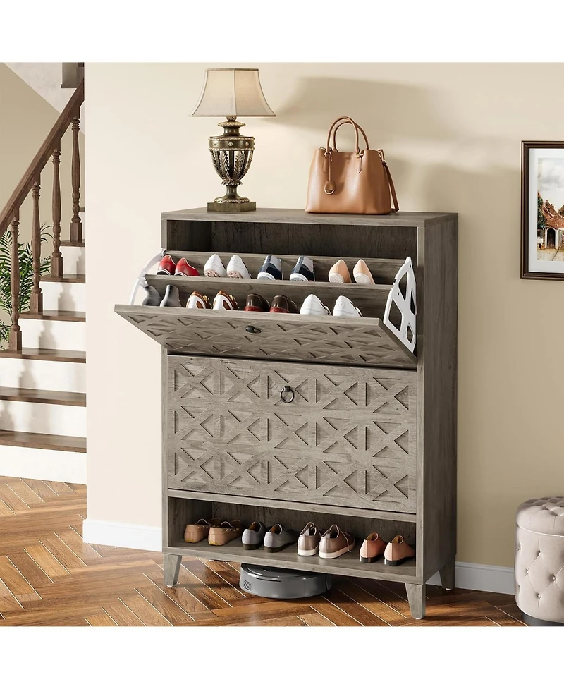 Tribesigns Shoe Cabinet with 2 Flip Drawers, Narrow Storage Organizer for Entryway, Freestanding Wood Rack Adjustable Shelves