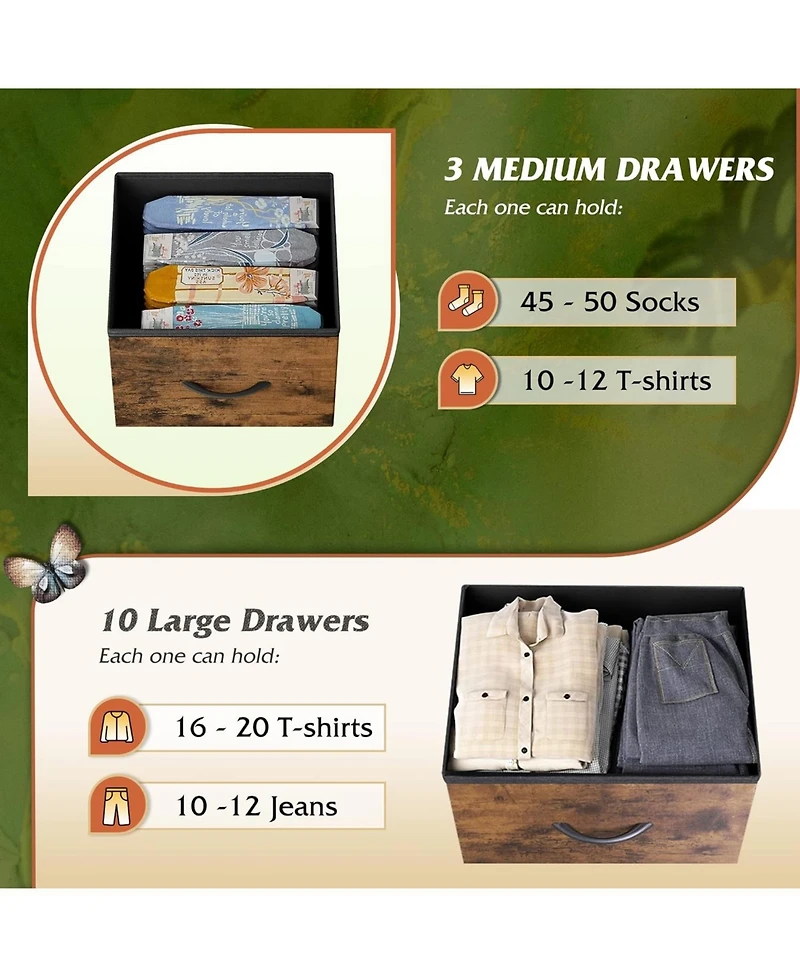 Wlive Tall Dresser for Bedroom with 13 Drawers Storage Organizer Unit Fabric Closet Chest of Steel Frame Wood Top