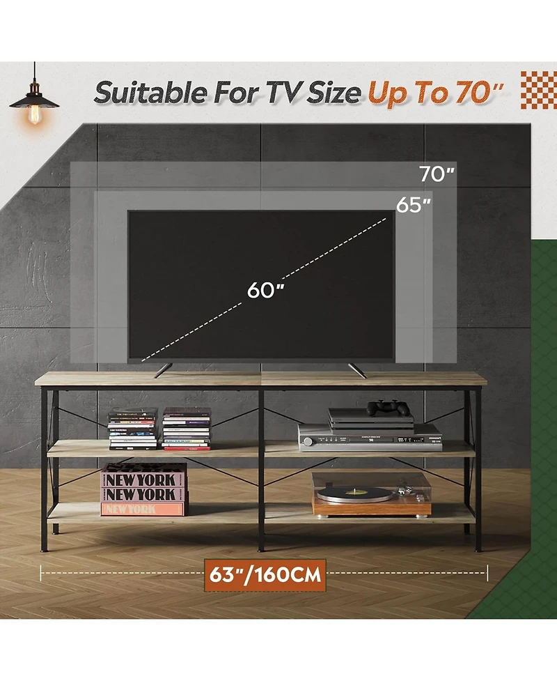 Wlive Tv Stand for 65 70 inch Entertainment Center with Storage Industrial Console Living Room Long 63" Cabinet Metal Frame