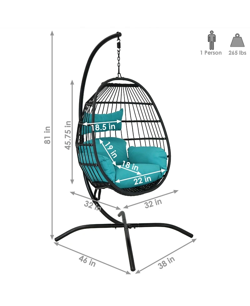Dalia Resin Wicker Hanging Egg Chair with - Teal Polyester Cushions and Powder-Coated Steel Stand - 81 Inches H