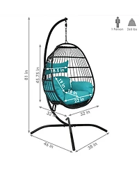 Dalia Resin Wicker Hanging Egg Chair with - Teal Polyester Cushions and Powder-Coated Steel Stand - 81 Inches H