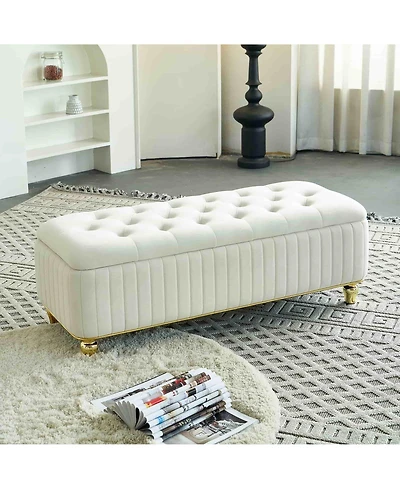 47.24" W Velvet Storage Ottoman Bench with Gold Embroidery, Modern Footstool for Living Room & Bedroom-The Pop Home