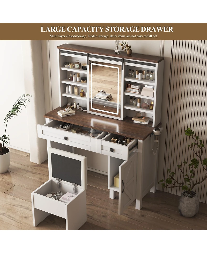 Lovmor Farmhouse Makeup Vanity Desk with Sliding Mirror and Lights and Hairdryer holder and charging socket Multilayer storage Shelves,and 2 drawer an