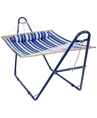 Outdoor 2-Person Double Polyester Quilted Hammock with Wood Spreader Bar and Matte Blue Steel Multi-Use Stand - Catalina Beach