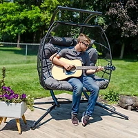 Andrei Double Hanging Egg Chair with Stand - 2-Person Outdoor Egg Chair - Includes Steel Stand and Cushion - Dark Gray