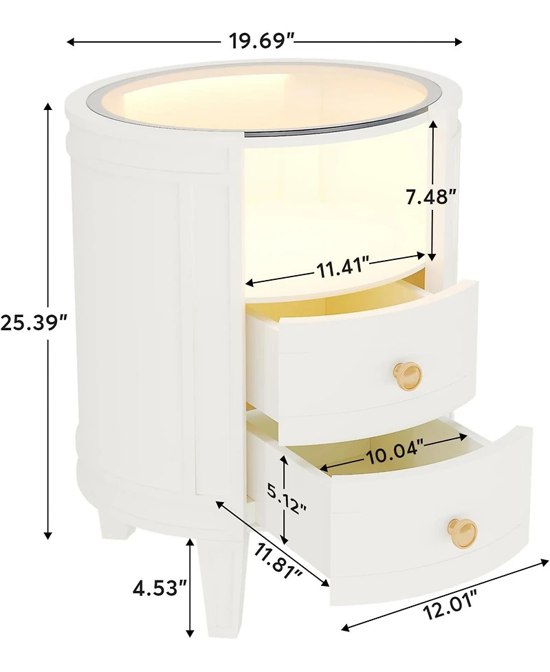 Tribesigns Set of 2 Nightstand with Led Glass Tabletop, Modern Ivory White Nightstand with 2 Drawers, No Assembly Required, Oval Bedside Table