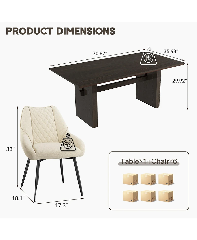 Wood Dining Table Fabric Diamond Soft Chair/Side Chair With Metal Legs Set (6-Person And Chair), Mdf