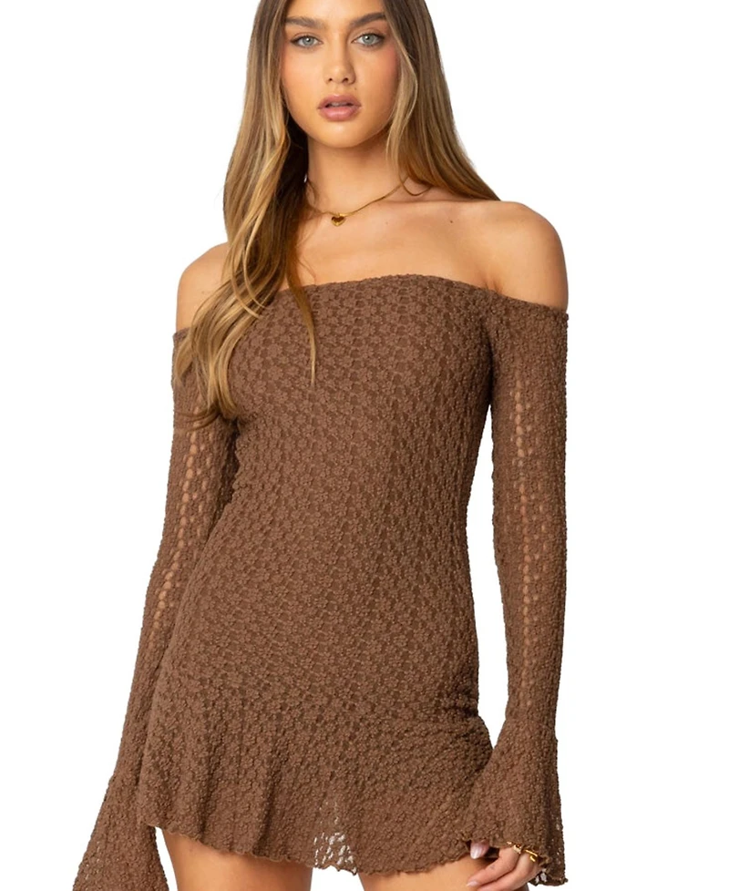 Edikted Womens Mya Off Shoulder Textured Mini Dress
