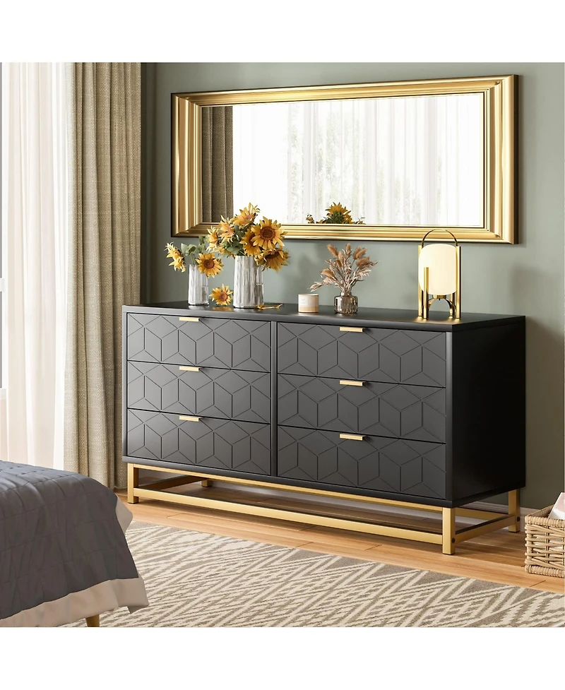 6 Drawer Dresser for Bedroom, Wood Chest of Drawers with Metal Legs, Modern Storage Dresser Chest Cabinet Organizer, Large Dresser for Hallway, Closet