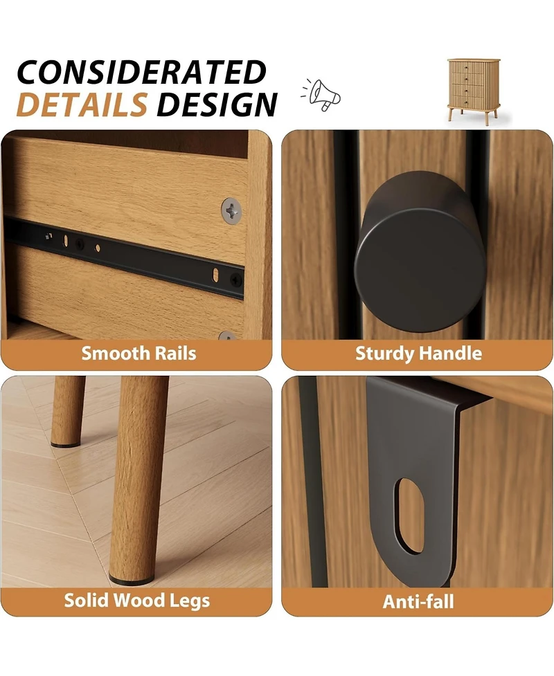 4 Drawer Dressers, Chest of Drawers for Bedroom, Nightstand, Spacious Storage Boho Wicker Dresser with Matte Black Handles and Wood Legs for Living Ro