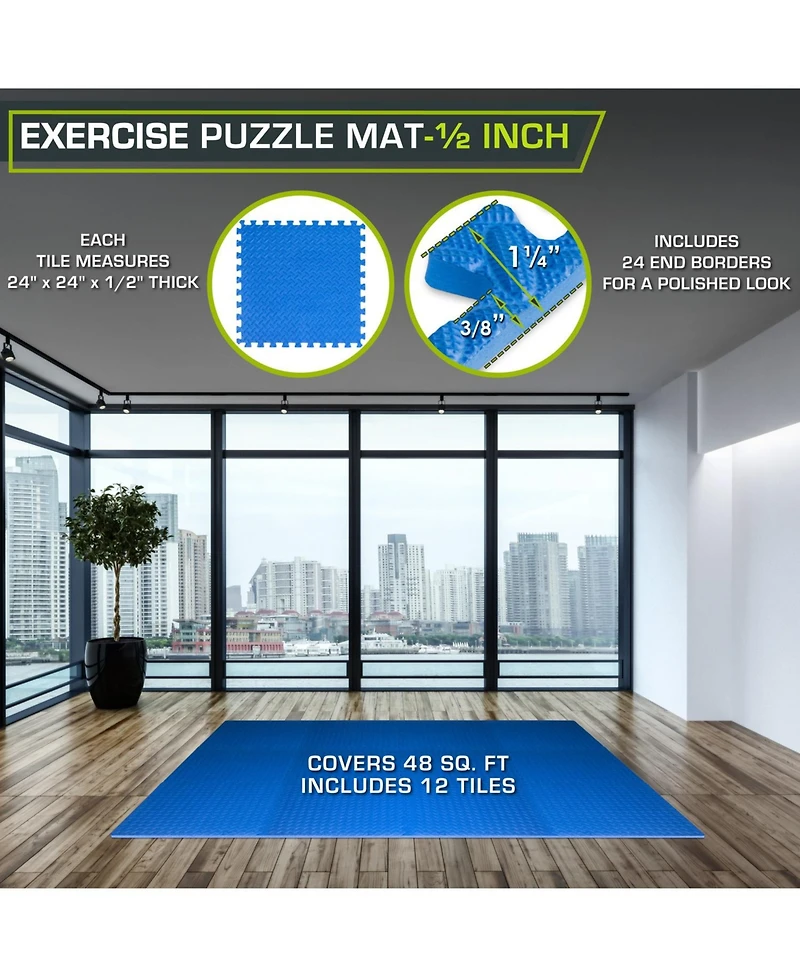 ProsourceFit Exercise Puzzle Mat 1/2-in, Blue, 48 Sq Ft - 12 Tiles