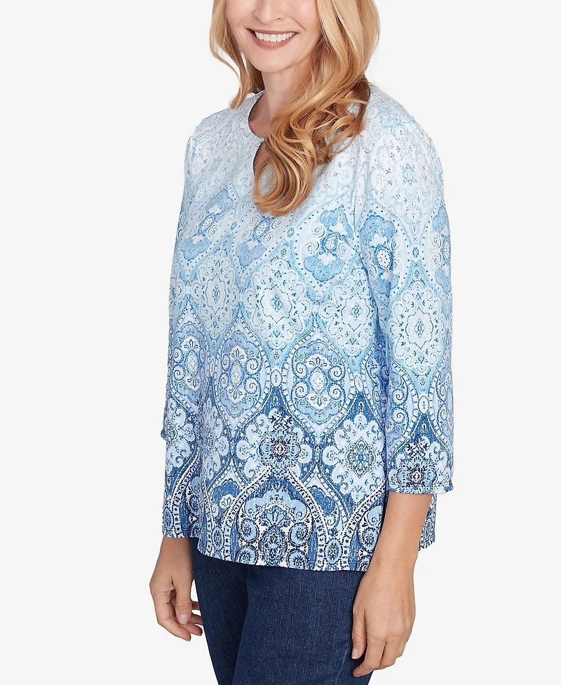 Alfred Dunner Women's Classic Split Beaded Neck Ombre Medallion Top