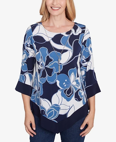 Alfred Dunner Women's Classic Abstract Bold Floral Patchwork Top with Necklace