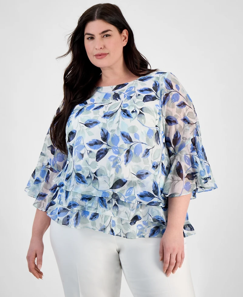 Alex Evenings Plus Size Floral Print Tiered Bell-Sleeve Blouse