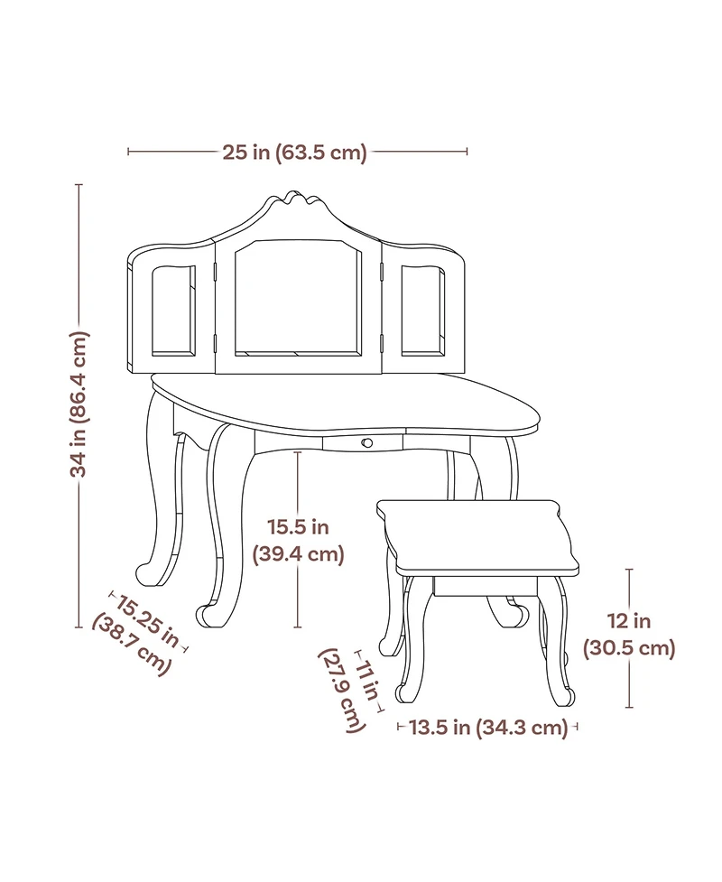 Beauty Bliss Mdf Kids' Vanity Table with Tri-Fold Mirror and Matching Stool - Pink