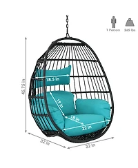 Dalia Black Steel and Polyethylene Wicker Hanging Egg Chair with Teal Polyester Seat Cushions - 45-Inch Tall