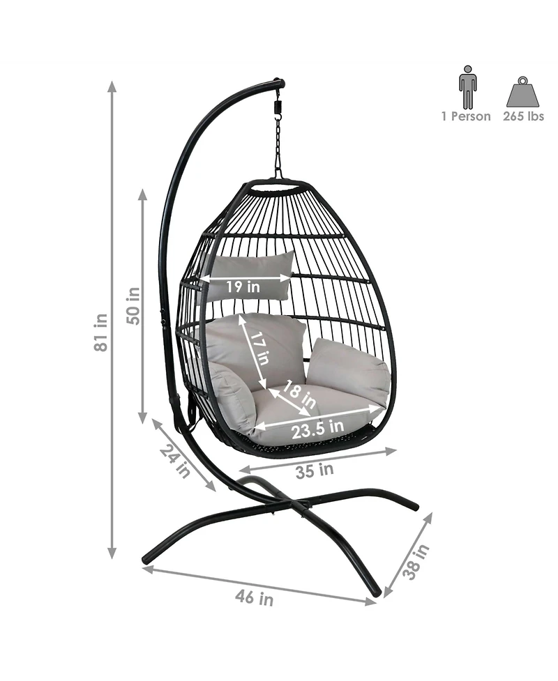 Outdoor Resin Wicker Patio Delaney Hanging Basket Egg Chair with Cushions, Headrest, and Steel Stand Set - Gray - 3pc